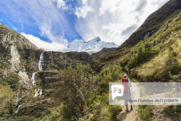 Peru  Anden  Cordillera Blanca  Huascaran Nationalpark  Tourist auf Wanderweg mit Blick auf Nevado Chacraraju