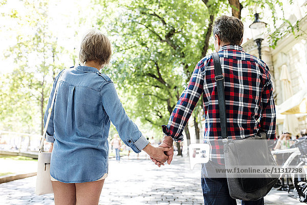 Back view of senior couple holding hands