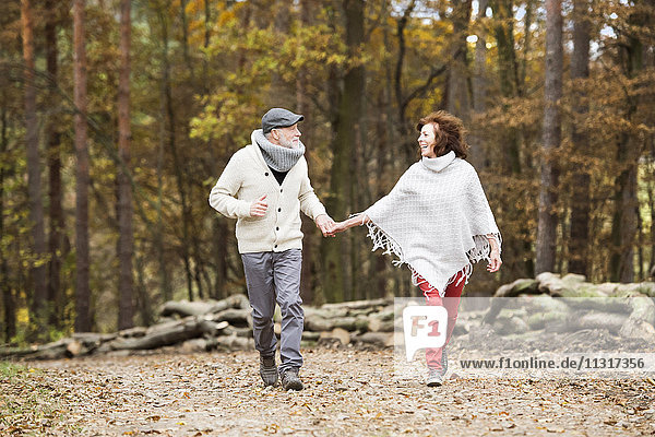 Senior couple walking hand in hand in the woods