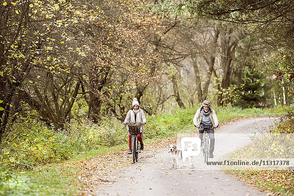 Seniorenpaar bei einer Fahrradtour mit Hund