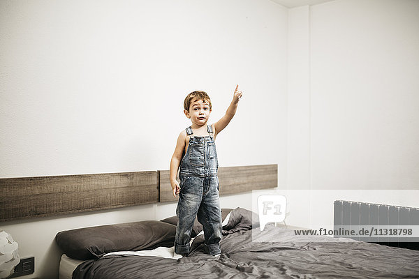 Little boy standing on the bed of his parents pointing on something