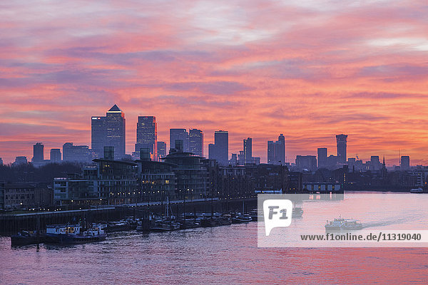England London Sunrise Over Docklands and Canary Wharf