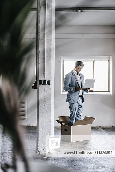 Businessman using laptop inside cardboard box in empty loft