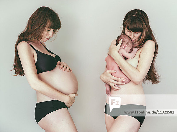 Zusammengesetzte Darstellung von Schwangeren vor und Mutter mit Baby nach der Geburt