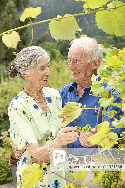 Sicheres Seniorenpaar im Garten stehend