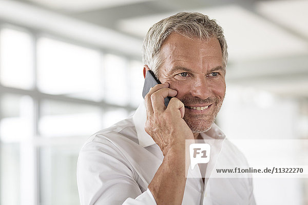 Smiling businessman on cell phone in office