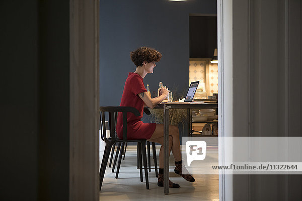 Young woman sitting in the kitchen using laptop