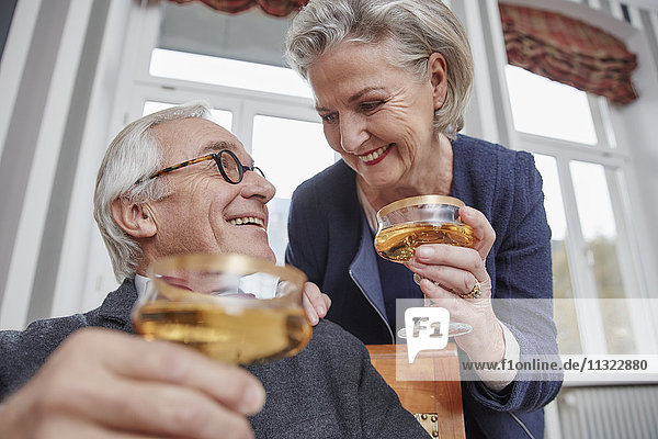 Happy senior couple drinking champagne