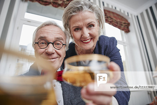 Portrait of happy senior couple holding champagne glasses