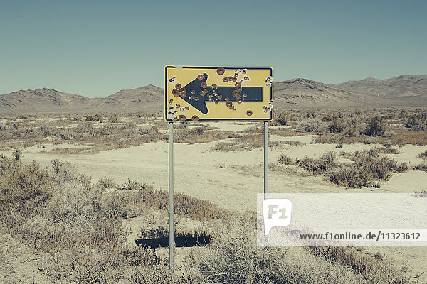 Von Kugeln durchbohrtes Pfeilschild in der Wüste  Black Rock Wüste  Nevada