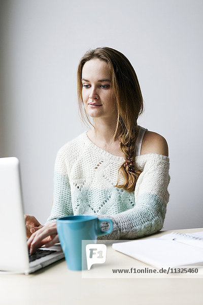 Porträt einer jungen Frau  die zu Hause mit dem Laptop arbeitet