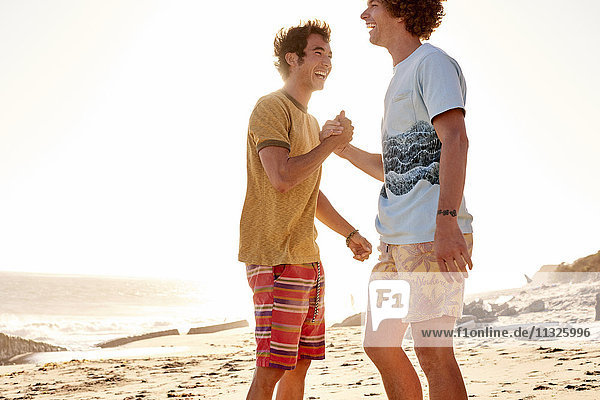 Zwei glückliche junge Männer am Strand