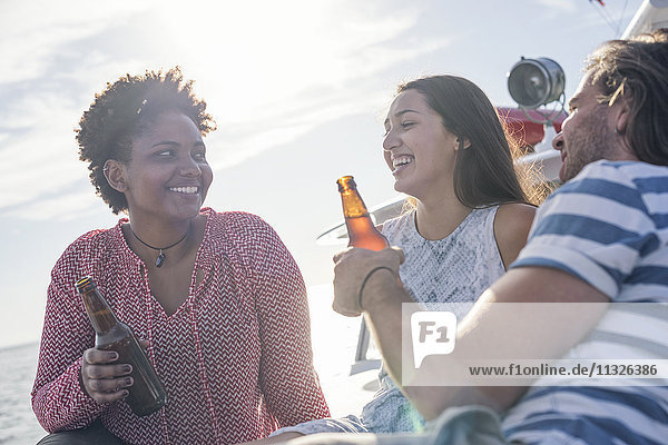 Glückliche Freunde auf einer Bootsfahrt bei einem Bier