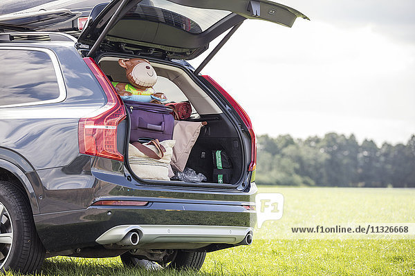 Car on meadow with open boot full of luggage