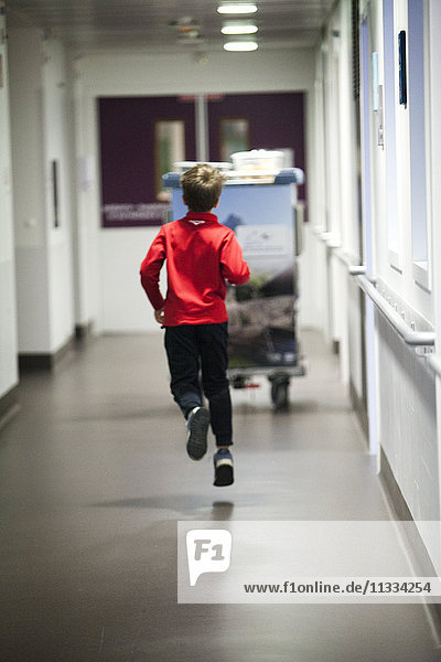 Reportage in the pediatric unit in a hospital in Haute-Savoie  France. A young patient goes to the canteen.
