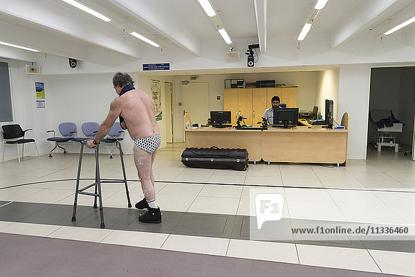 Reportage on the Rossetti health centre in Nice  France. This rehabilitation centre is a hub of excellence with cutting-edge technology. Seen here  a quantified motion analysis test carried out in the Clinical Motion Analysis Unit  a technical platform enabling a better understanding of walking anomalies. The patient is following a rehabilitation program following a stroke.