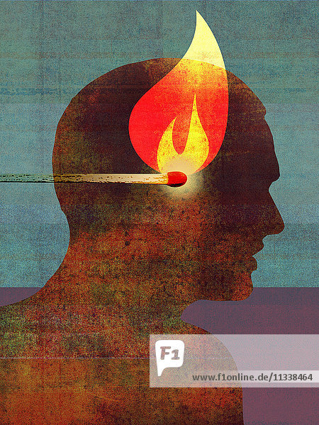 Mann mit brennendem Streichholz im Kopf