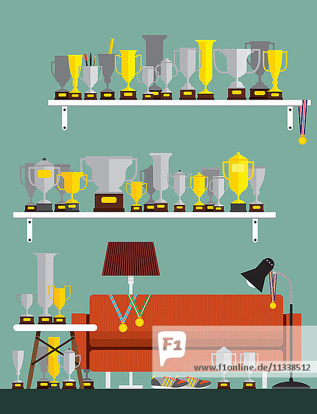 Sammlung vieler goldener Pokale und Goldmedaillen im Wohnzimmer