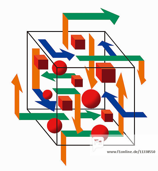 Abstraktes dreidimensionales Puzzle von Kugeln und Würfeln mit Pfeilen in unterschiedliche Richtungen