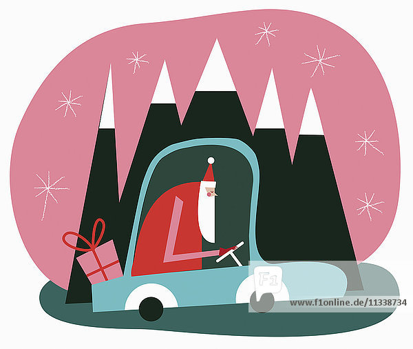 Weihnachtsmann fährt im Auto mit einem Geschenk durch Berglandschaft