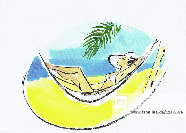 Schöne Frau sonnt sich in Hängematte auf tropischem Strand