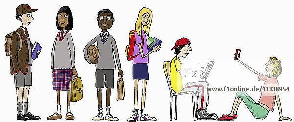Gegensatz von Schülern in altmodischer Schuluniform und modernen Schülern in Freizeitkleidung mit modernen Computern