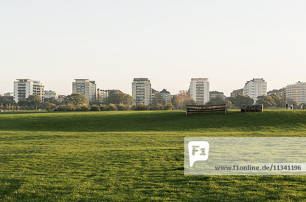 Blick auf das Grasfeld im Stadtpark gegen den klaren Himmel