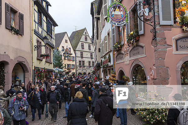 Tourists in the pedestrian road of the old town at Christmas time  Kaysersberg  Haut-Rhin department  Alsace  France  Europe