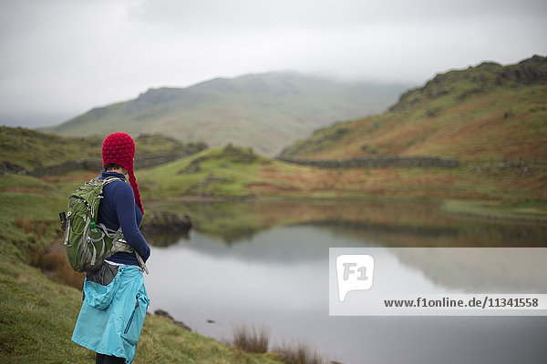 Eine Frau blickt auf Alcock Tarn in der Nähe von Grasmere  Lake District  Cumbria  England  Vereinigtes Königreich  Europa