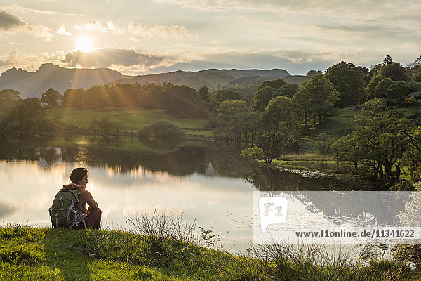 A woman looks out over Loughrigg Tarn near Ambleside  Lake District National Park  Cumbria  England  United Kingdom  Europe