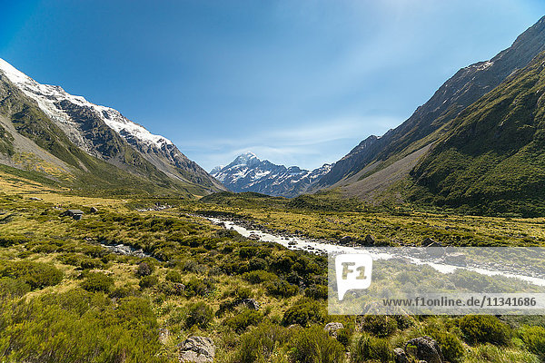 A glacier fed creek cuts through a green valley high in the mountains  South Island  New Zealand  Pacific