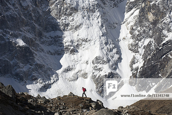 Ein Trekker in der Everest-Region auf dem Weg zum Everest-Basislager vor dem Cholatse  Khumbu-Region  Himalaya  Nepal  Asien