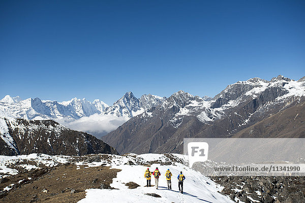 Ein Team von vier Bergsteigern kehrt nach der Besteigung der Ama Dablam im nepalesischen Himalaya ins Basislager zurück  Region Khumbu  Nepal  Asien