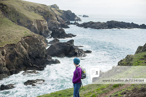 Eine Frau wandert auf dem Küstenweg an der Westseite der Lizard-Halbinsel  Cornwall  England  Vereinigtes Königreich  Europa