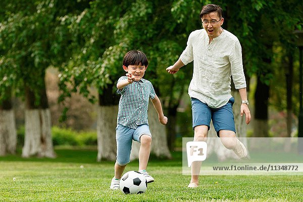 Happy father and son play football on the grass