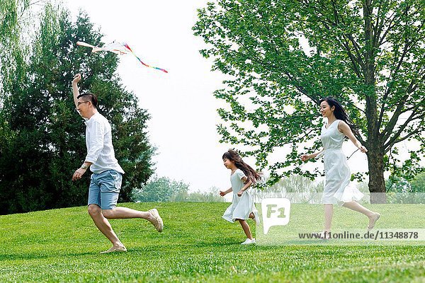 A family of three is flying a kite on the grass