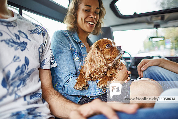 Fröhliche Freunde mit Hund sitzen im Auto