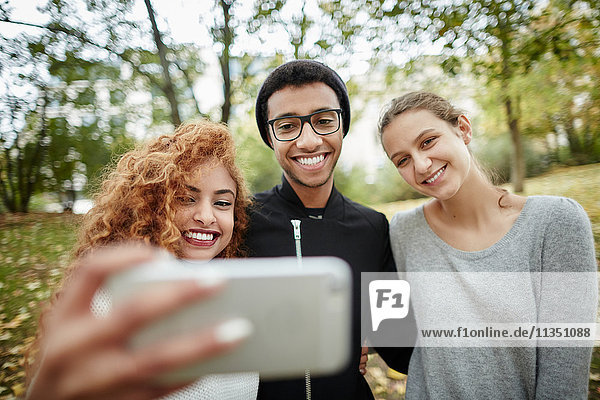 Drei lächelnde Freunde im Park machen ein Selfie