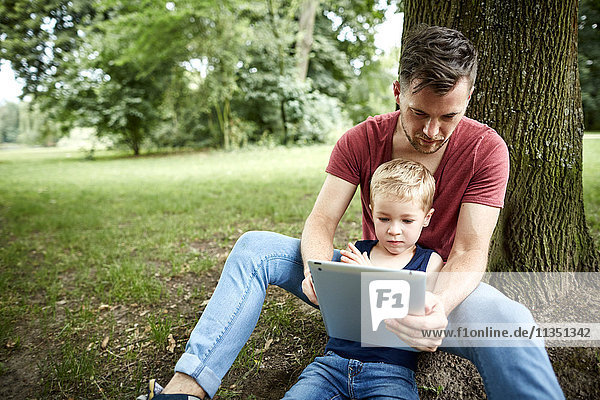 Vater und Sohn im Park schauen auf Tablet