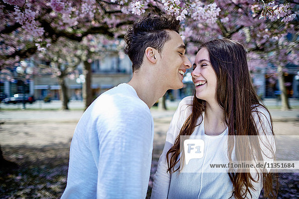 Happy teenage couple in park in spring
