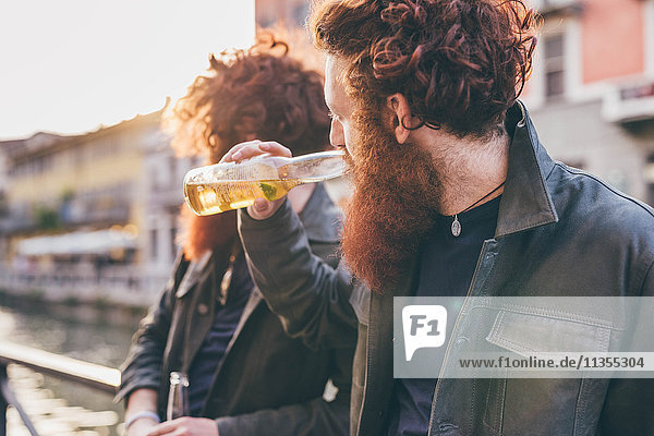 Junge männliche Hipster-Zwillinge mit roten Haaren und Bärten  die am Kanalufer Bier trinken.