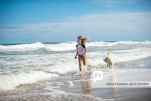 Junges Mädchen rennt mit Hund durchs Meer