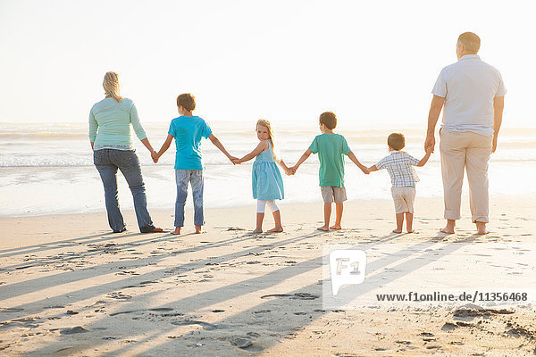Rear view of family on beach holding hands