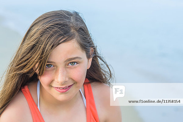 Portrait of teenage girl on beach  Asbury Park  New Jersey  USA