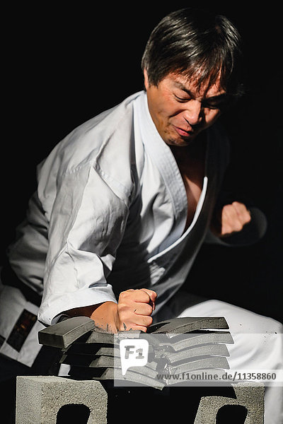 Japanese karate master breaking tiles