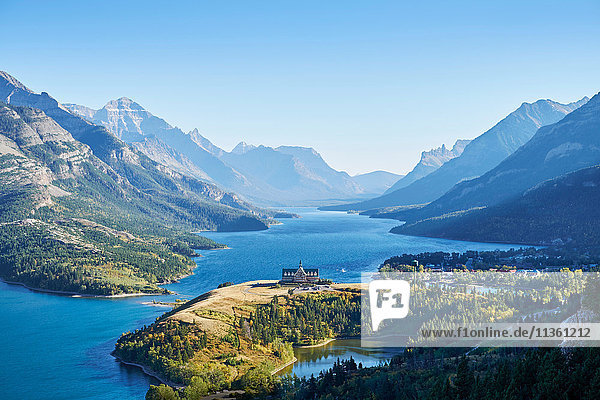 High and view of Waterton Lakes National Park  Alberta  Canada