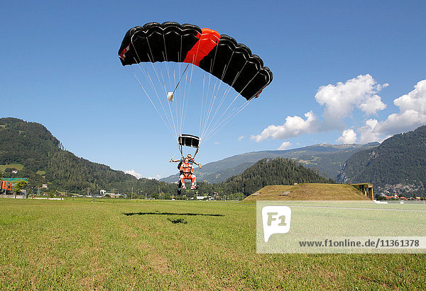 Tandem-Himmelsstürmer landen mit Fallschirm im Feld  Interlaken  Bern  Schweiz