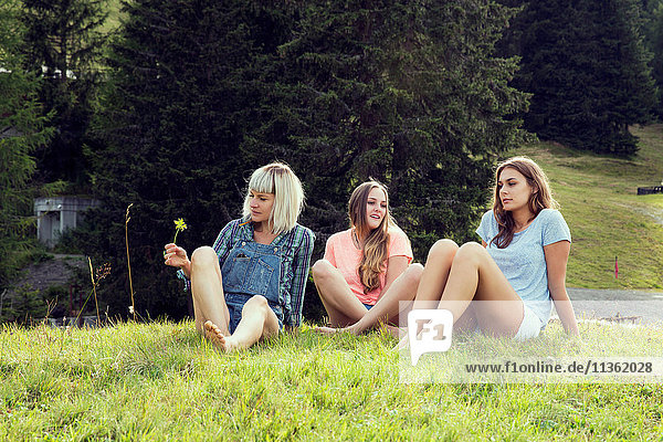 Drei erwachsene Freundinnen auf dem Feld sitzend  Sattelbergalm  Tirol  Österreich