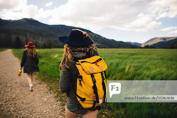 Rückansicht von Frauen  die auf Feldwegen wandern  Rocky Mountain National Park  Colorado  USA