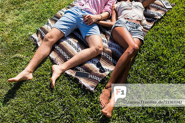 Young couple relaxing outdoors  lying on blanket on grass  holding hands  low section